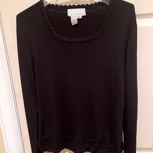 Kenneth Miller Black Square Neck Sweater, Size XL, Sequence/ Lace Hem